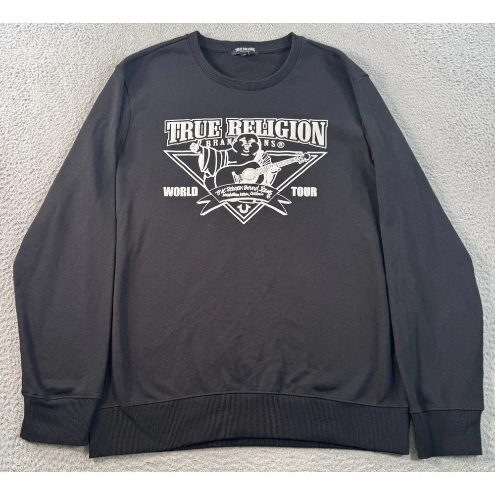 True Religion Sweatshirt Men's Large Black Knit Cotton  Rocking Buddha‎ Pullover